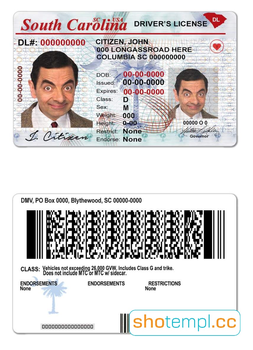 South Carolina Driver License PSD Template V2